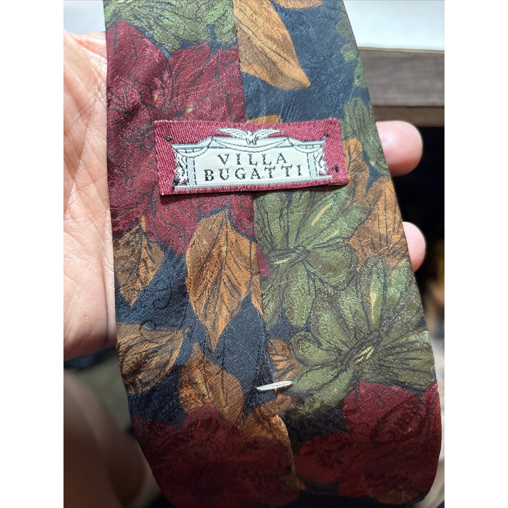 Villa Bugatti Mens Silk Tie Italian Silk Floral Leaf Pattern Burgundy Green USA